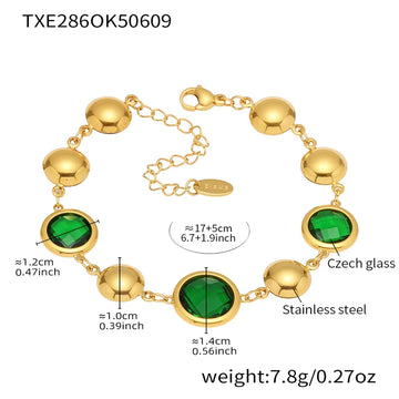 Txe286-Gold Green Glass Stone Bracelet 16 5cm