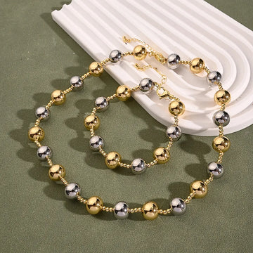 12mm Big round Beads Bracelet & Necklace Suit (Gold & White Gold Color)【String Length: 205+50mm & 430+50mm】