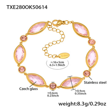 Txe280-Gold Pink Glass Stone Bracelet 16 5cm