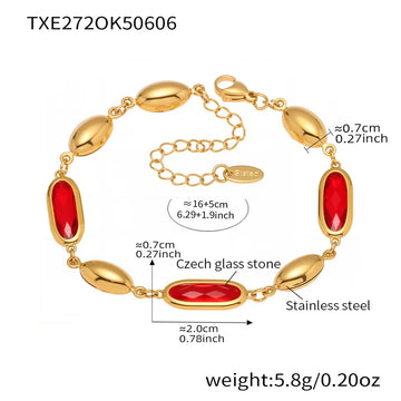Txe272-Gold Red Glass Stone Bracelet 16 5cm