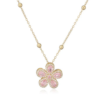 Gold Pink Diamond Five Petal Flower Necklace