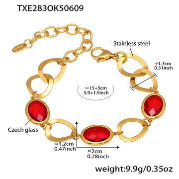 Txe283-Gold Red Glass Stone Bracelet 16 5cm