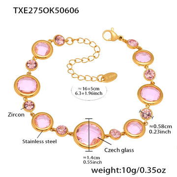 Txe275-Gold Pink Glass Stone Bracelet 16 5cm