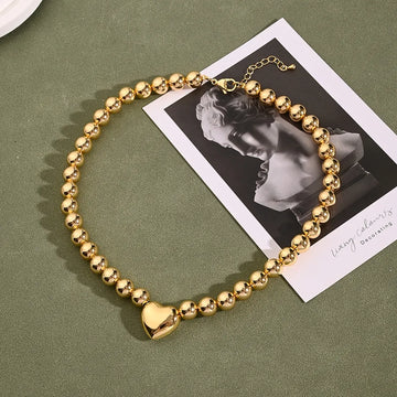 10mm round Beads Heart Necklace (Gold)【String Length: 435+50mm】