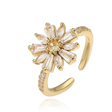 Gold T Square White Diamond Sunflower Ring