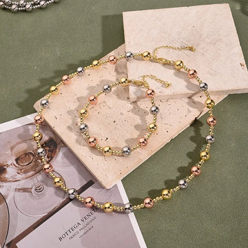 8mm Ball Bracelet & Necklace Suit (White Gold Color & Gold & Rose Gold)【String Length: 190+40mm & 430+50mm】