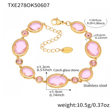 Txe278-Gold Pink Glass Stone Bracelet 16 5cm