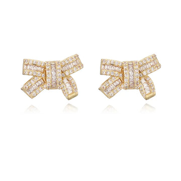 Gold T Square White Diamond Bow Stud Earrings 1 Pair