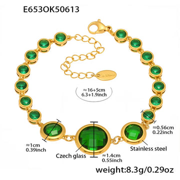 E653-Gold Green Glass Stone Bracelet 16 5cm