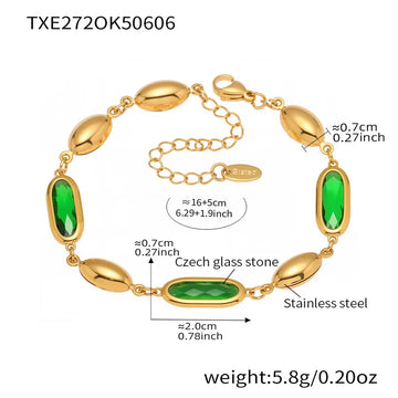 Txe272-Gold Green Glass Stone Bracelet 16 5cm