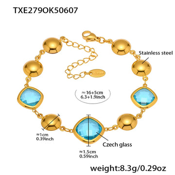 Txe279-Gold Blue Glass Stone Bracelet 16 5cm