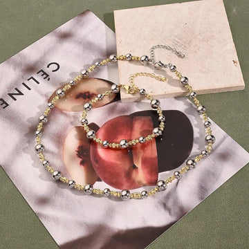 White Gold Color 8mm round Beads Spiral Pattern Small Beads round Beads Bracelet & Necklace Suit (Gold & White Gold Color)【String Length: 180+50mm & 410+50mm】