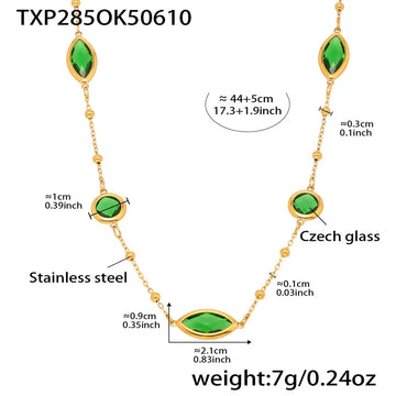 Txp285-Gold Green Glass Stone Necklace 44 5cm