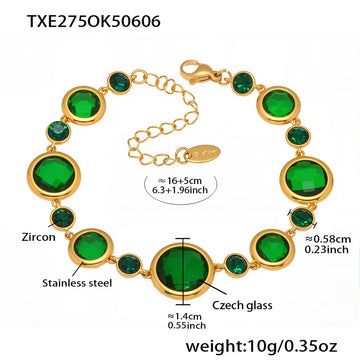 Txe275-Gold Green Glass Stone Bracelet 16 5cm
