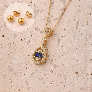 Blue Zircon Water Drops Necklace & Earrings Suit (Gold)【String Length: 440+50mm & Needle Thickness: 0.8mm】