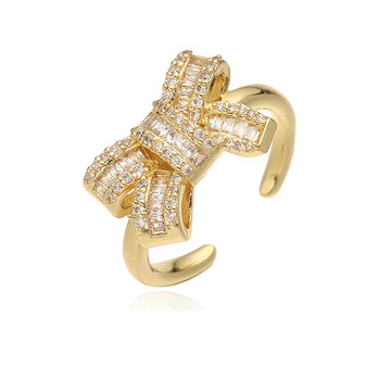 Gold T Square White Diamond Bow Ring 1