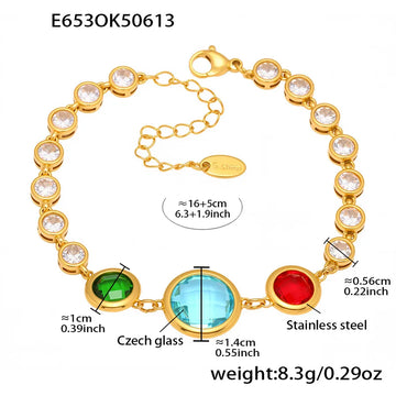 E653-Gold Mixed Colored Glass Stone Bracelet 16 5cm