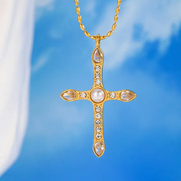 Pearl White Diamond Cross Necklace