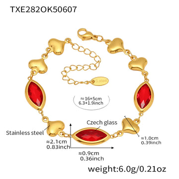 Txe282-Gold Red Glass Stone Bracelet 16 5cm