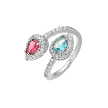 White Gold Color Colorful Crystals Double Water Drop Ring