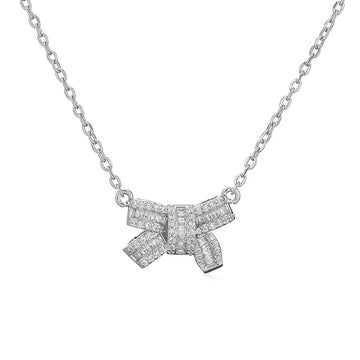 White Gold Color T Square White Diamond Bow Necklace 1