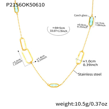 P2156-Gold Blue Glass Stone Necklace 84 5cm