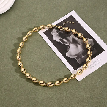 10mm Light Gold Horse Eye & Round Beads Necklace (Gold)【String Length: 455+50mm】