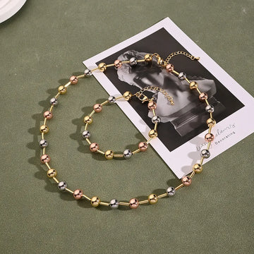 8mm Straight Tube Ball Bracelet & Necklace Suit (Gold & White Gold Color & Rose Gold)【String Length: 190+50mm & 450+50mm】