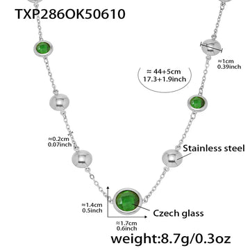 Txp286-Steel Green Glass Stone Necklace 44 5cm