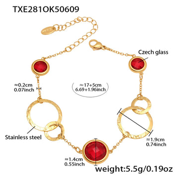 Txe281-Gold Red Glass Stone Bracelet 16 5cm