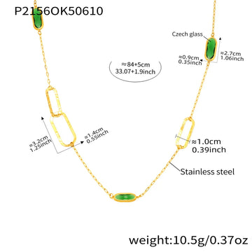 P2156-Gold Green Glass Stone Necklace 84 5cm