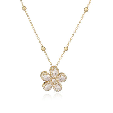 Gold White Diamond Five Petal Flower Necklace
