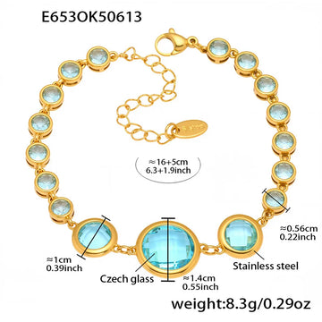 E653-Gold Blue Glass Stone Bracelet 16 5cm