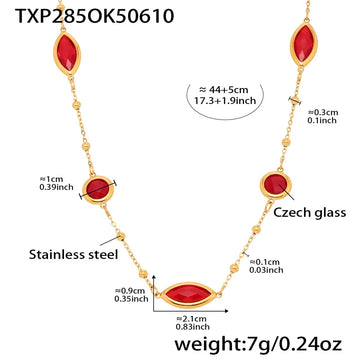 Txp285-Gold Red Glass Stone Necklace 44 5cm