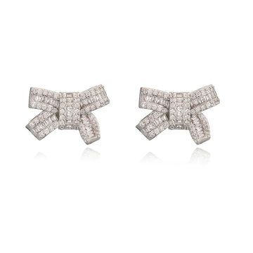 White Gold Color T Square White Diamond Bow Stud Earrings 1 Pair