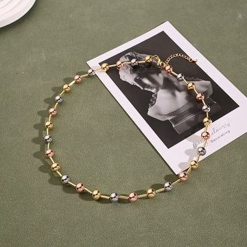 8mm Straight Tube round Beads Necklace (Gold & White Gold Color & Rose Gold)【String Length: 450+50mm】