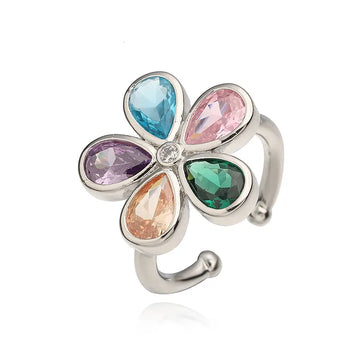 White Gold Color Colorful Crystals Water Drop Five Petal Flower Ring