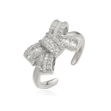 White Gold Color T Square White Diamond Bow Ring 1